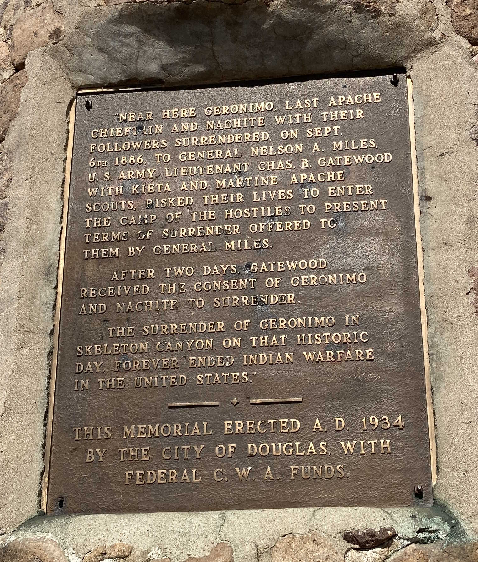 Placard on the Monument to Geronimo's surrender