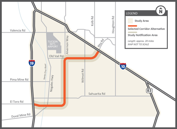 A map of the selected corridor proposal for future State Route 410 traveling east from Interstate 19 at El Toro Road, curving north at Alvernon Way, then turning east at Old Vail Road, and ending at Rita Road and Interstate 10