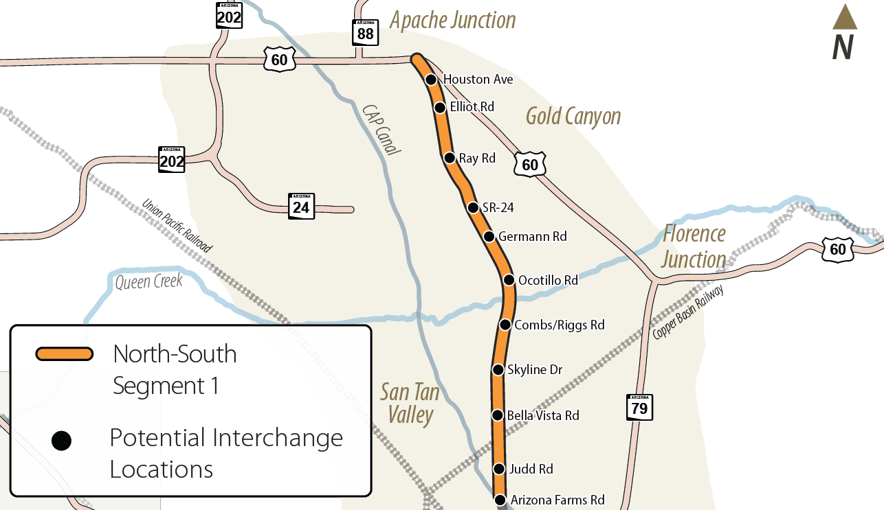 A map of the study corridor for future State Route 505 traveling south from the end of the Superstition Freeway segment of US 60 and ending at Arizona Farms Road
